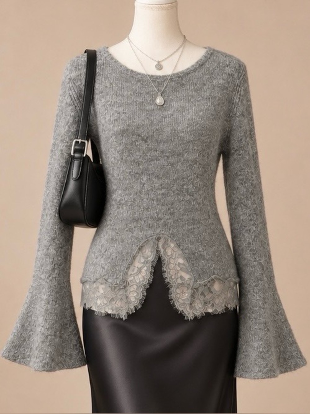 Commense Grey Lace Hem Bell Sleeve Knit Sweater